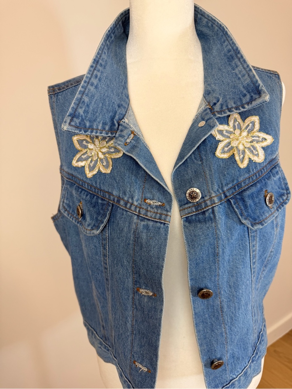 Vintage Faded Glory Denim Vest with Lace Detailing